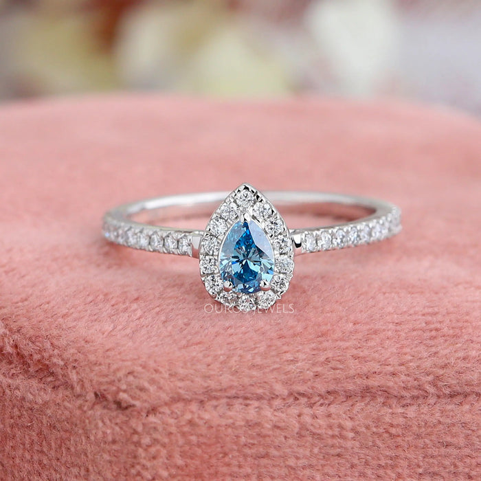 Blue Pear Halo Solitaire Diamond Engagement Ring