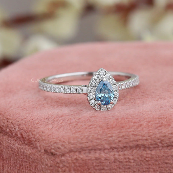 [Sophisticated White Gold Engagement Ring featuring Striking Blue Emerald Diamond, Halo Setting, and Accent Diamonds]-[Ouros Jewels]