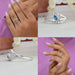 Collage of Blue Pear Shaped Bypass Engagement Ring, showing side view, front view & in finger view.