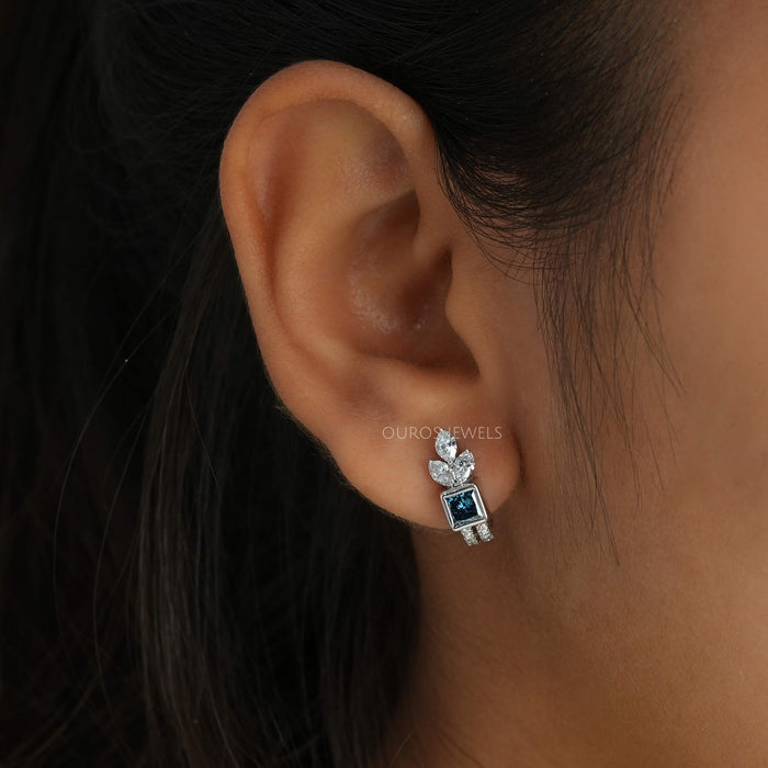 Blue Princess Cut Lab Grown Diamond Hoop Earrings