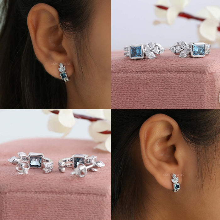 Blue Princess Cut Lab Grown Diamond Hoop Earrings