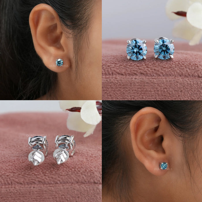 Earring features brilliant round blue lab diamond cradled in a four-prong setting