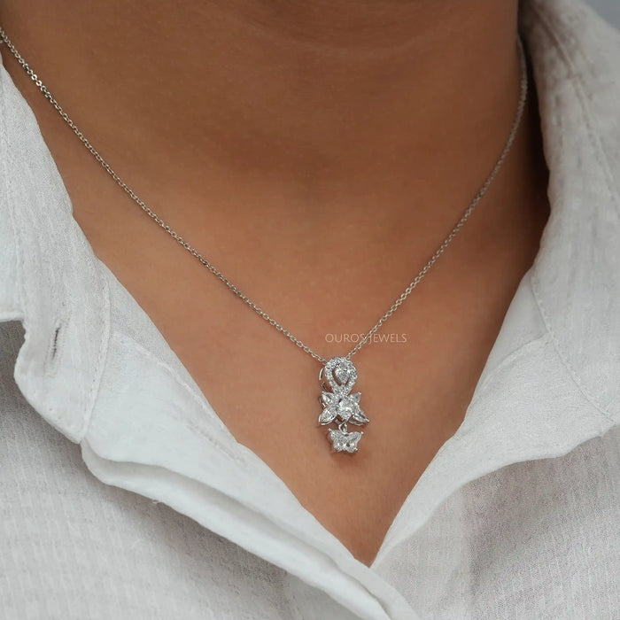 Butterfly cut lab made diamond pendant white gold on neck look