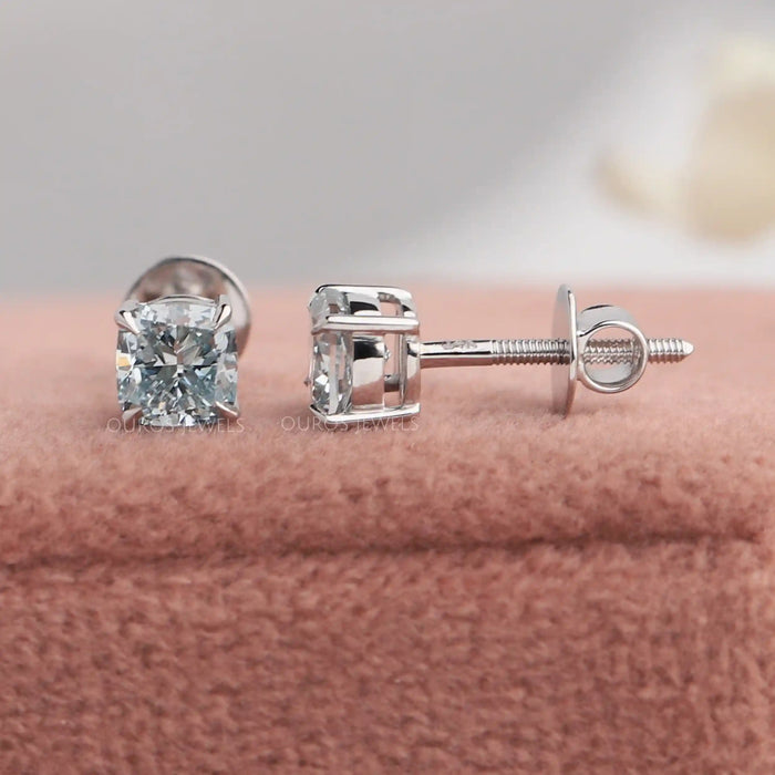 14k white gold screw back lab diamond earrings with brilliant cushion cut diamonds