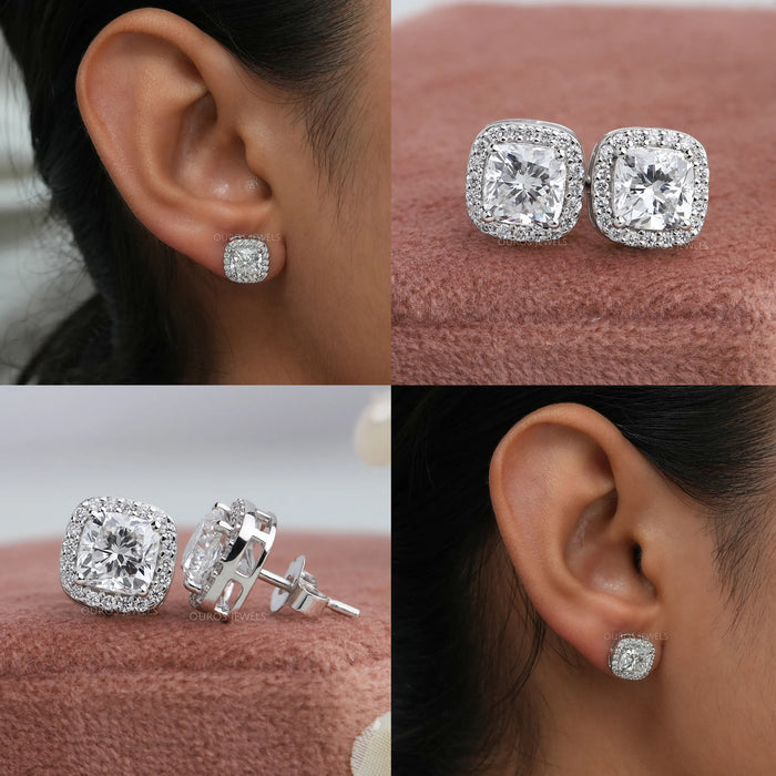 Cushion Cut Diamond Halo Stud Earrings Ouros Jewels