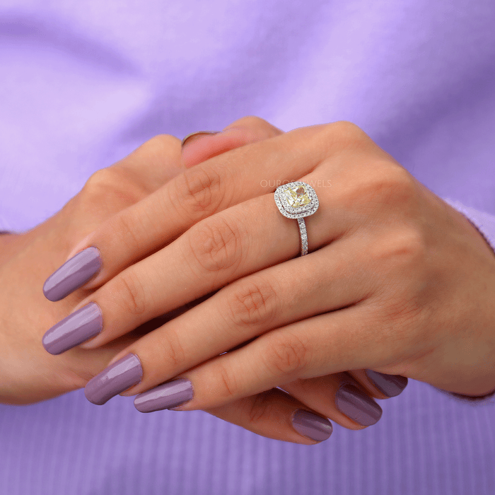 [Yellow Cushion Lab Created Diamond Engagement Ring With Double Halo]-[Ouros Jewels]