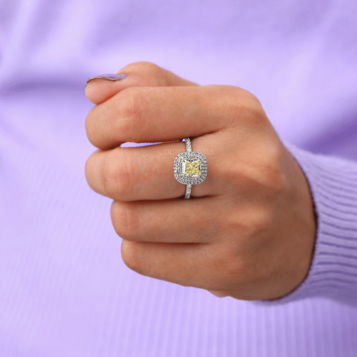 [Affordable Yellow Lab-Grown Cushion-Cut Diamond Double Halo Accent Ring]-[Ouros Jewels]