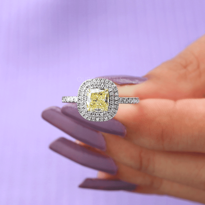 [Yellow Lab-Grown Cushion-Cut Diamond Double Halo Customizable Ring]-[Ouros Jewels]