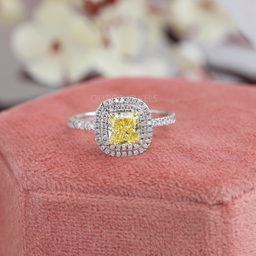 [Luxurious Yellow Cushion Cut Diamond Double Halo Engagmnet Ring in Platinum]-[Ouors Jewels]