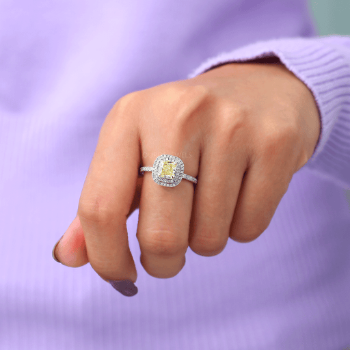 On Finger View Of Double Halo Yellow Cushion Cut Diamond Engagement Ring