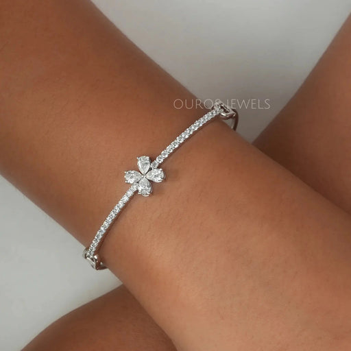[14k White Gold Flower Shaped Diamond Bangle For Her]-[Ouros Jewels]