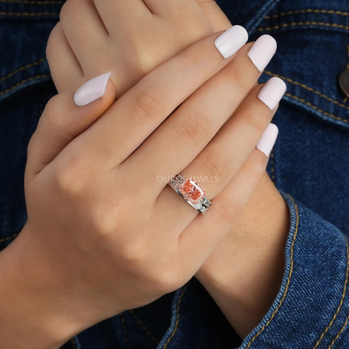 [Pink Radiant Cut Lab Grown Diamond Bridal Ring Set]-[Ouros Jewels]