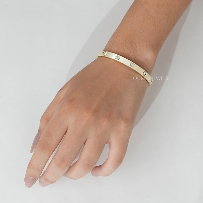 [Flush Setting Gold Bangle With Round Cut Lab Grown Diamonds]-[Ouros Jewels]