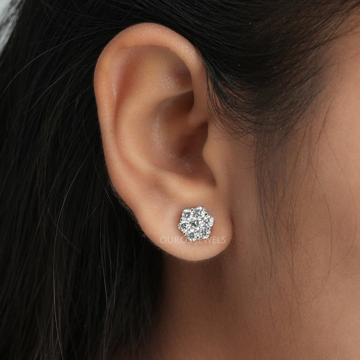 [Flower Shape Round Cut Diamond Studs For Her]-[Ouros Jewels]
