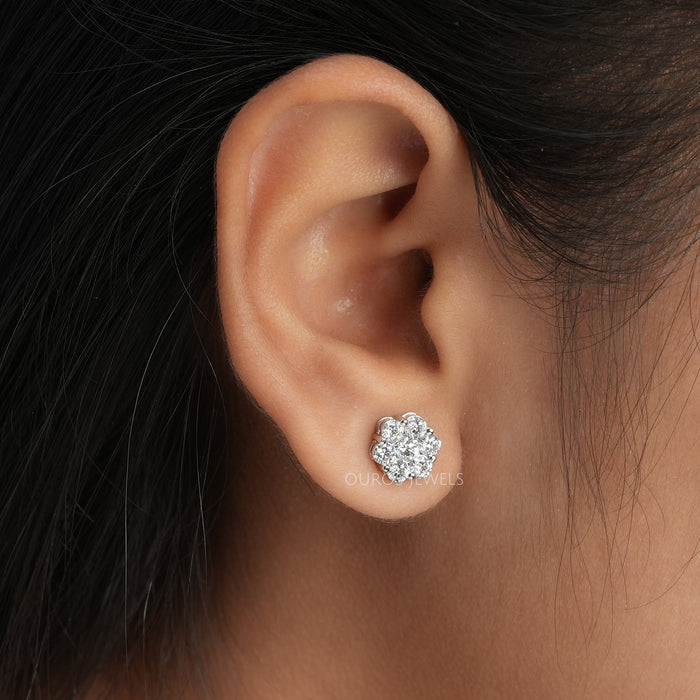 [Flower Shape Round Lab Diamond Stud Earrings]-[Ouros Jewels]