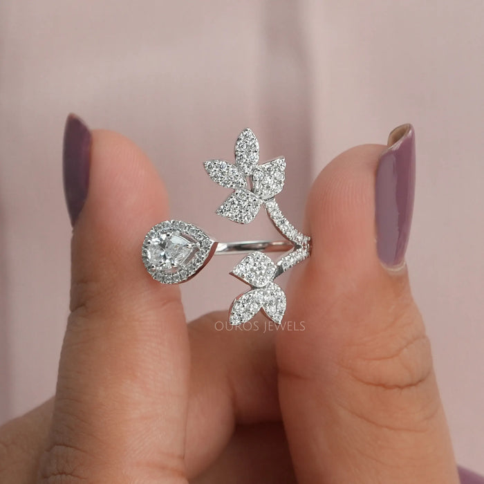 Leaf Shape Round Cut set in vintage style ring made of small round diamonds in 114k white gold.