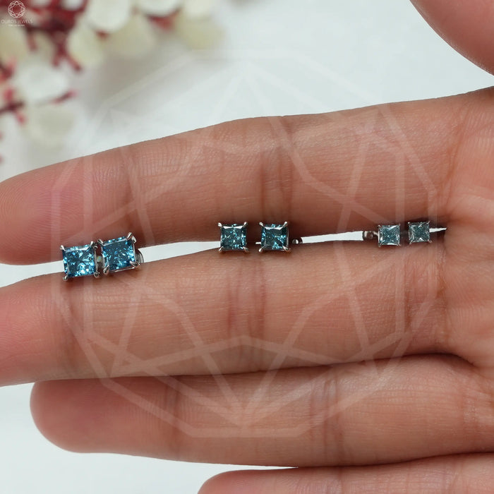 Blue Diamond Stud Earrings White Gold | Ouros Jewels