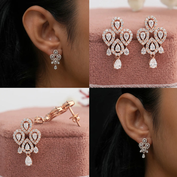 Collage of floral shaped lab crated diamond earring, showing front, side and in ear look