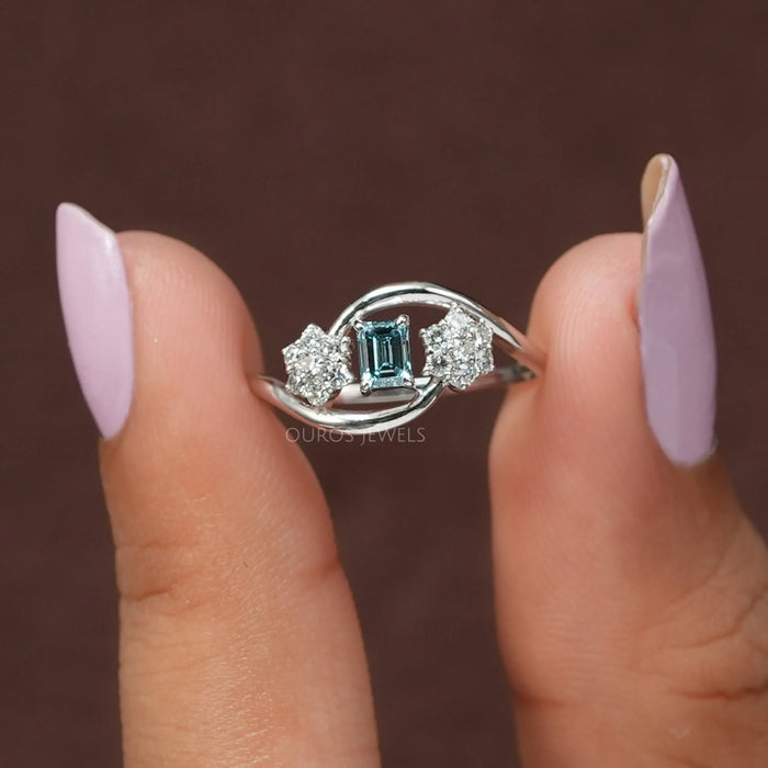 [A Women holding Emerald Cut Lab Grown Diamond Ring]-[Ouros Jewels]