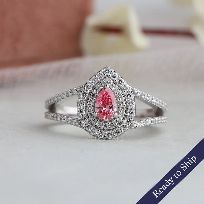 Pear Shaped Pink Halo Diamond Engagement Ring