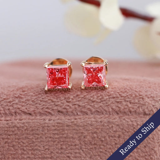 Pink princess cut lab grown diamond stud earrings with 4 prong setting in 14k rose gold