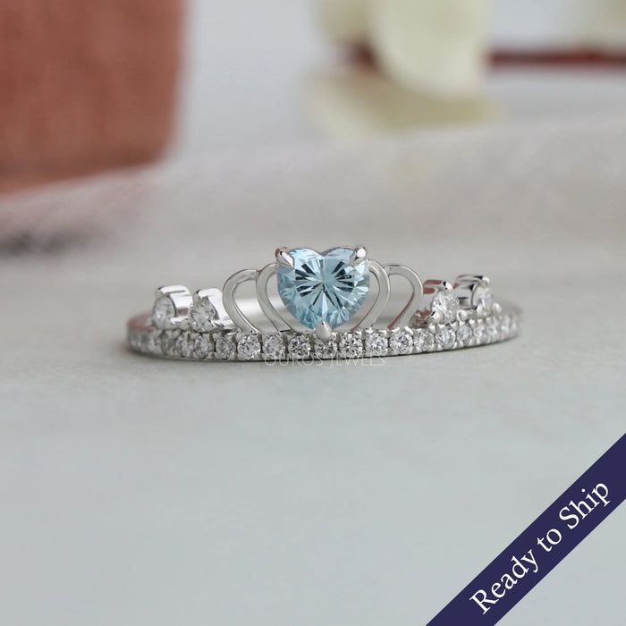 Blue heart shaped lab grown diamond crown style engagement ring in 14k white gold
