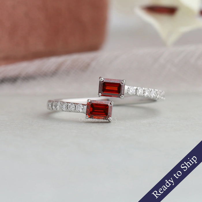 Red emerald two stone lab grown diamond ring with  round accent stones in 14k white gold