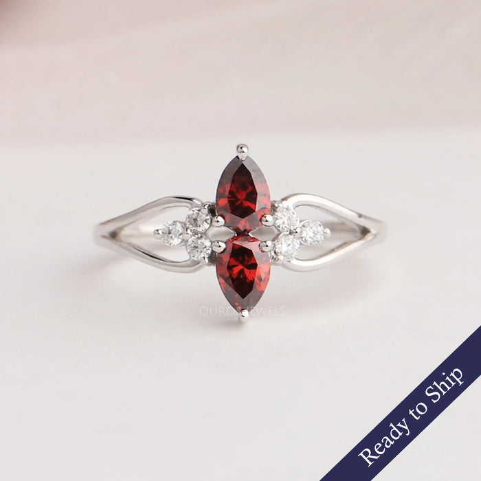 Red pear brilliant cut lab diamond cluster wedding ring in 14k solid white gold