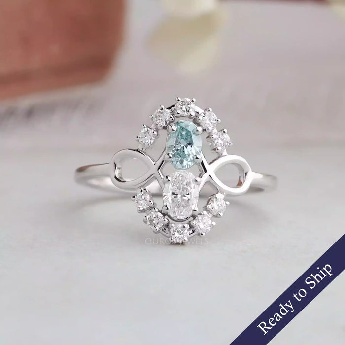 [Oval Cut Blue Diamond Dainty Ring]-[Ouros Jewels]