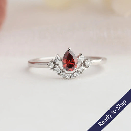 Red Pear Cut Lab Grown Diamond Cluster Ring with half halo of round diamonds