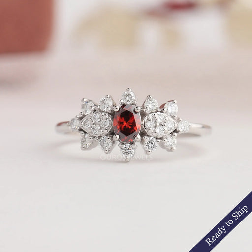 Red Oval Cut Lab Grown Diamond Cluster Engagement Ring In 14k White Gold