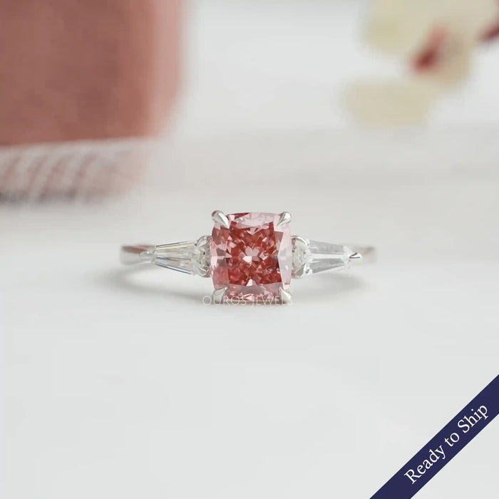 Three stone pink cushion cut lab grown diamond engagement ring in 14k solid white gold