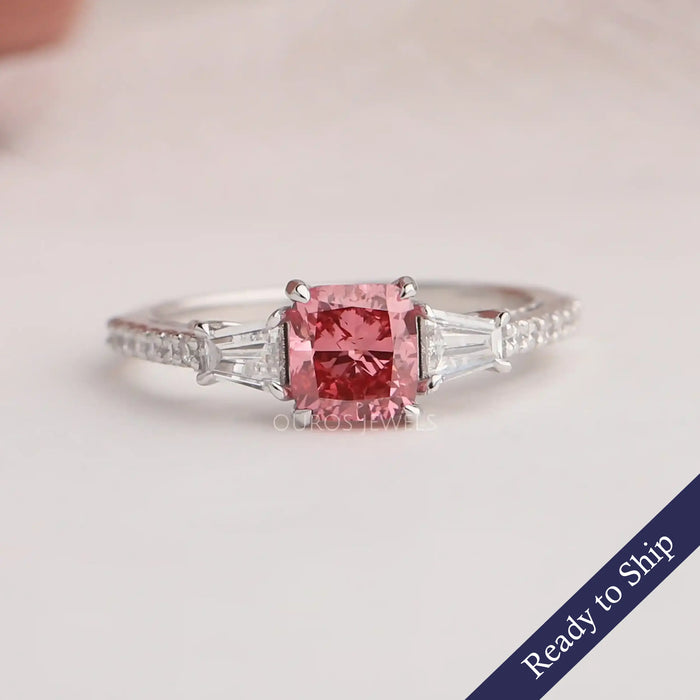 [1.10 Carat Pink Cushion Cut Diamond Three Stone Engagement Ring]-[Ouros Jewels]