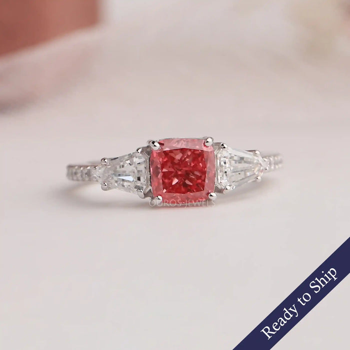 [1.15 Carat Pink Cushion Diamond Three Stone Engagement Ring]-[Ouros Jewels]