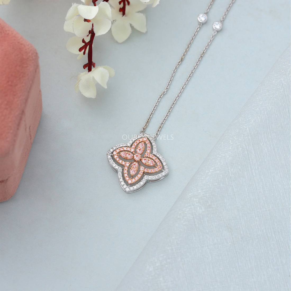 Floral Style Round Cut Diamond Halo Pendant Necklaces