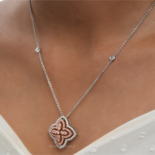 [Round Cut Cluster Pendant With Chain on Neck]-[Ouros Jewels]