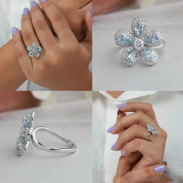 Collage of Pear shape flower shape diamond engagement ring, with curved shank and halo setting