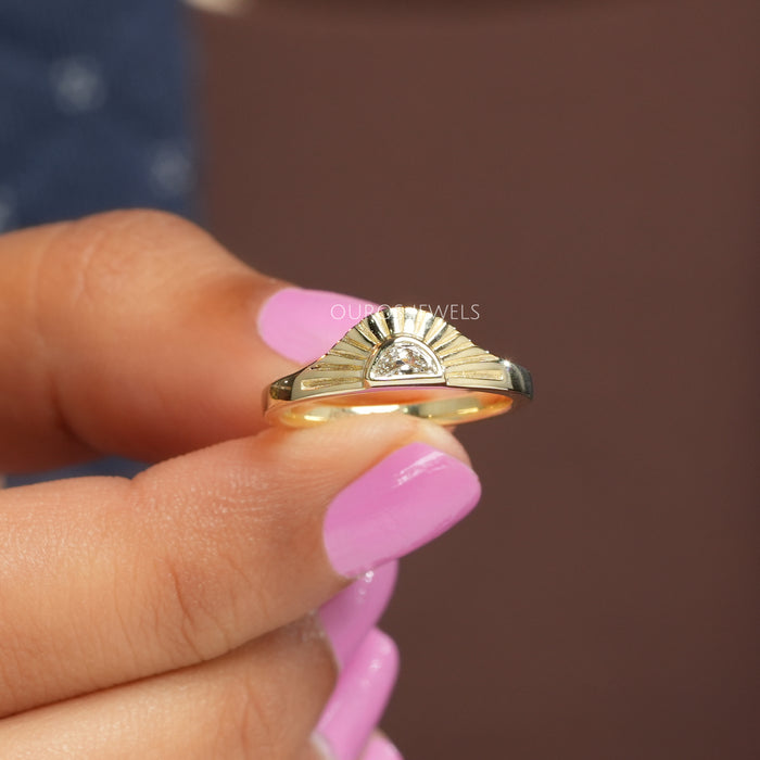 Antique Shape Half Moon Cut Lab Diamond Solitaire Ring
