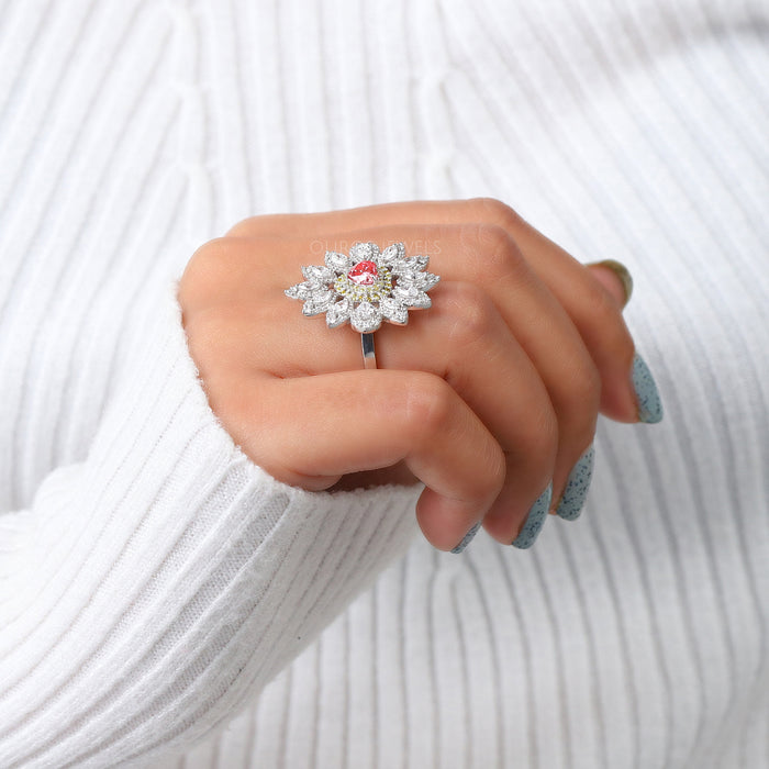 [Heart Sahped Floral Style Engagement Ring for Proposal]-[Ouros Jewels]