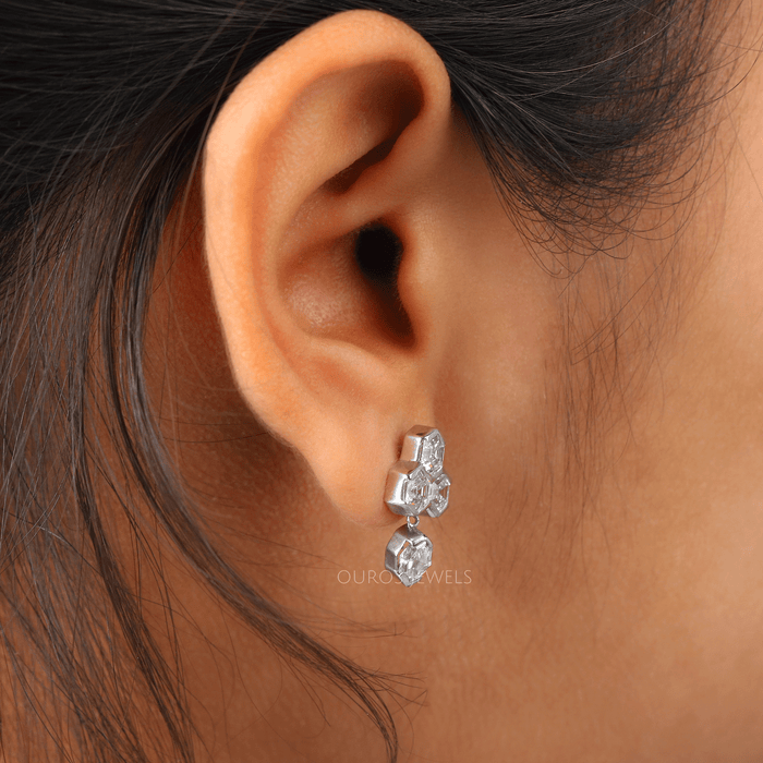 [Hexagon And Step Cut Oval Diamond Women's Earrings]-[Ouros Jewels]