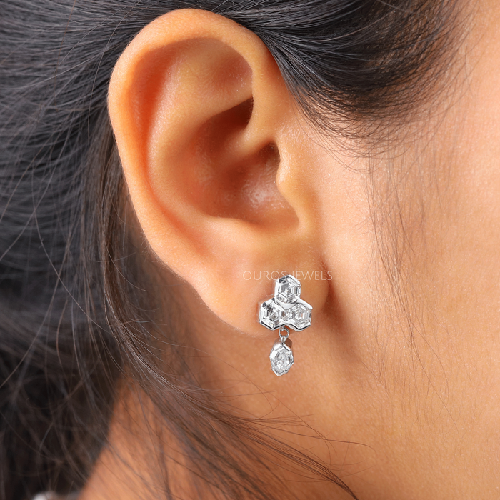 [In Ear Look Of Hexagon And Step Cut Oval Diamond Women's Earrings]-[Ouros Jewels]