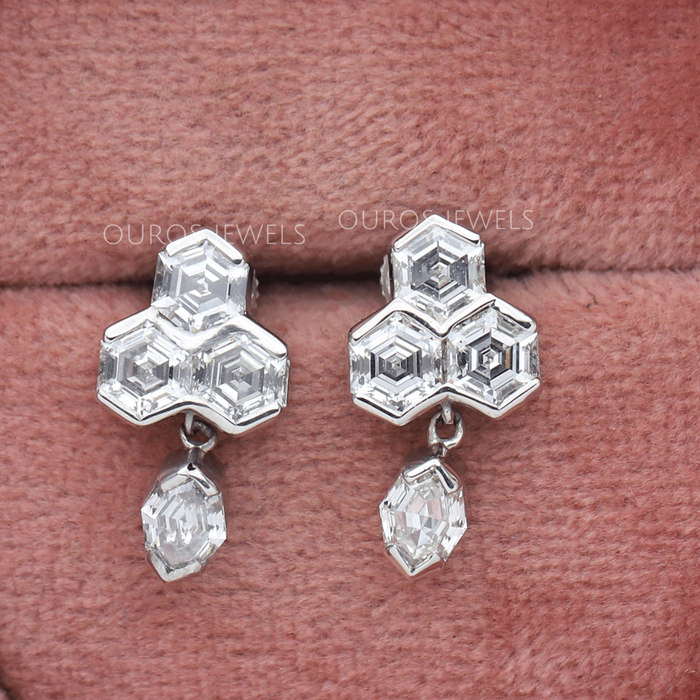 [Hexagon And Step Cut Oval Diamond Women's Earrings]-[Ouros Jewels]