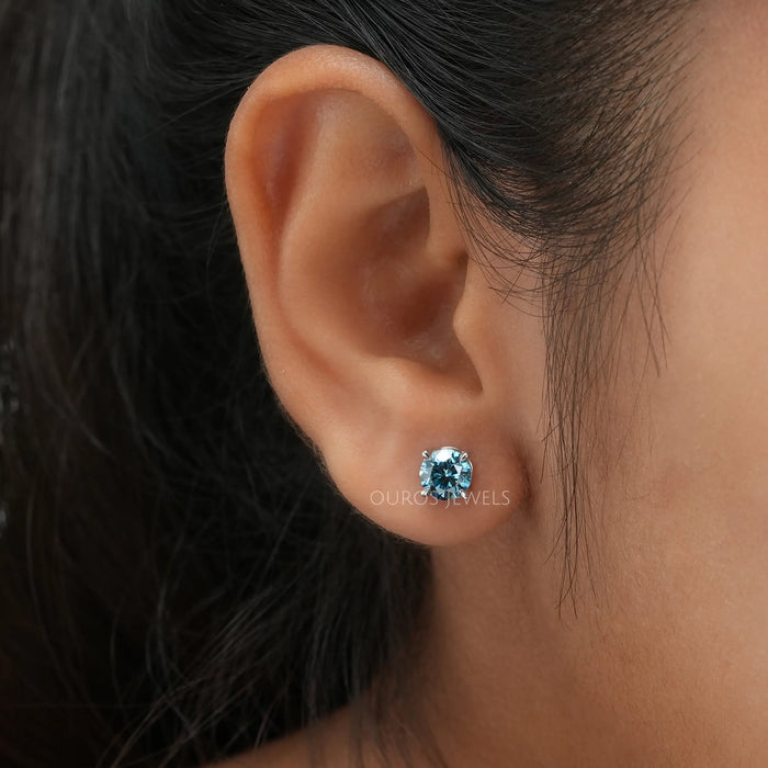 [Blue Round Stud Earrings]-[Ouros Jewels]