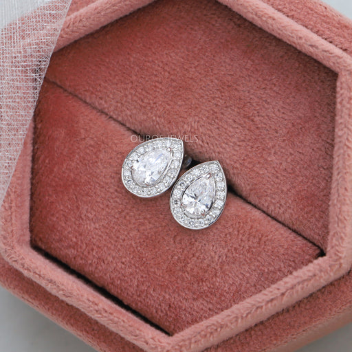 [View Of Pear Diamond Halo Earring From Box]-[Ouros Jewels]