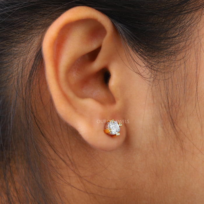 Antique Shape Asscher Cut Diamond Two Tone Stud Earrings