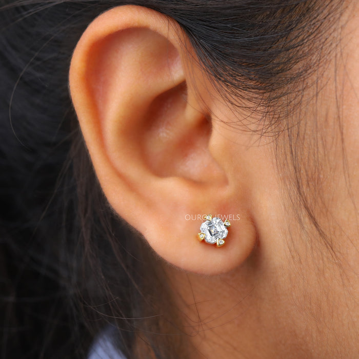 Antique Shape Asscher Cut Diamond Two Tone Stud Earrings