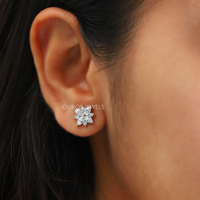 Marquise Cut Cluster Diamond Stud Gold Earrings