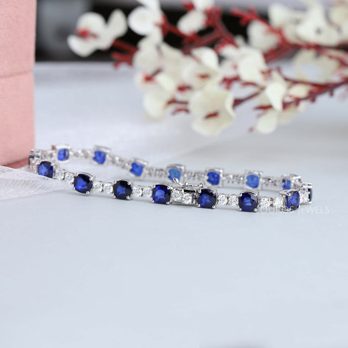 [Blue Sapphire Cushion Tennis Bracelet]-[Ouros Jewels]