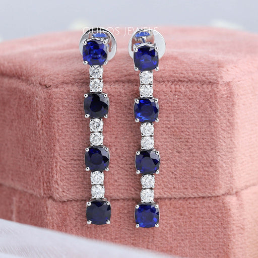[Blue Sapphire Cushion Diamond Earrings]-[Ouros Jewels]