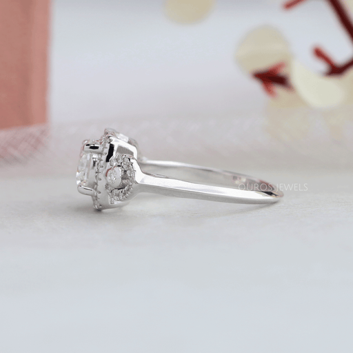 Three Stone Halo Diamond Engagement Ring